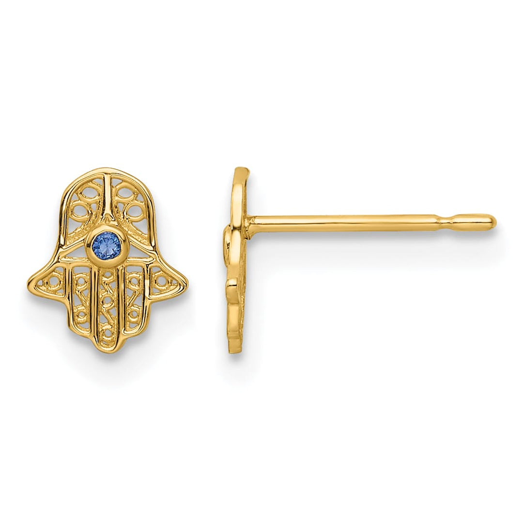 14K Yellow Gold Blue Glass Stone Mini Hamsa Post Earrings