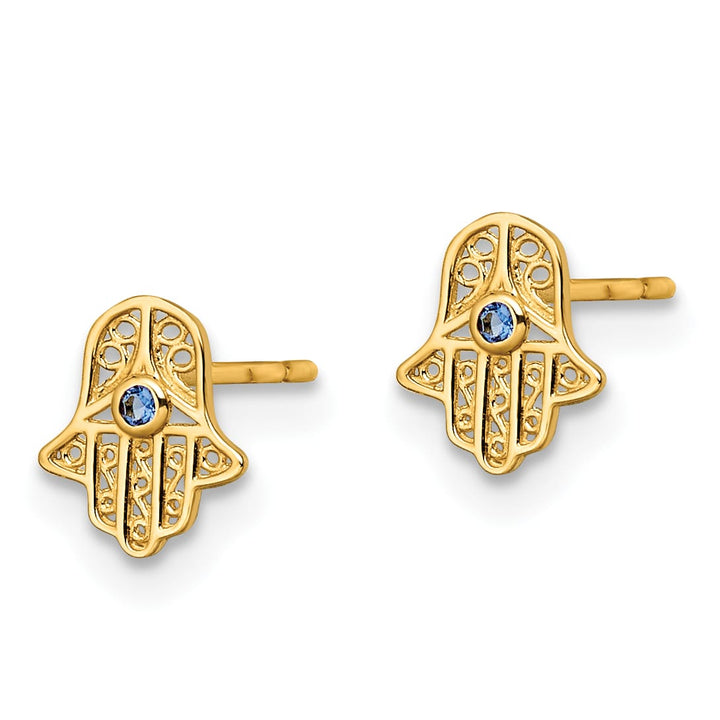 14K Yellow Gold Blue Glass Stone Mini Hamsa Post Earrings