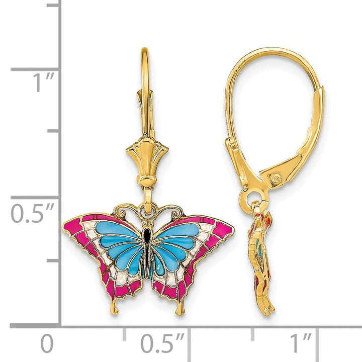 14K Yellow Gold Blue Red Wings Butterfly Dangle Leverback Earrings, view 4 of 4