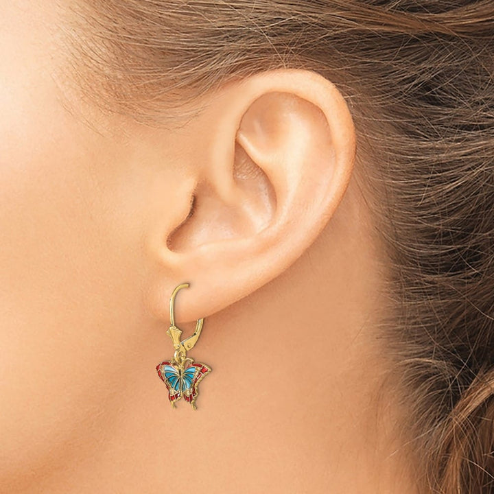 14K Yellow Gold Blue Red Wings Butterfly Dangle Leverback Earrings, view 3 of 4