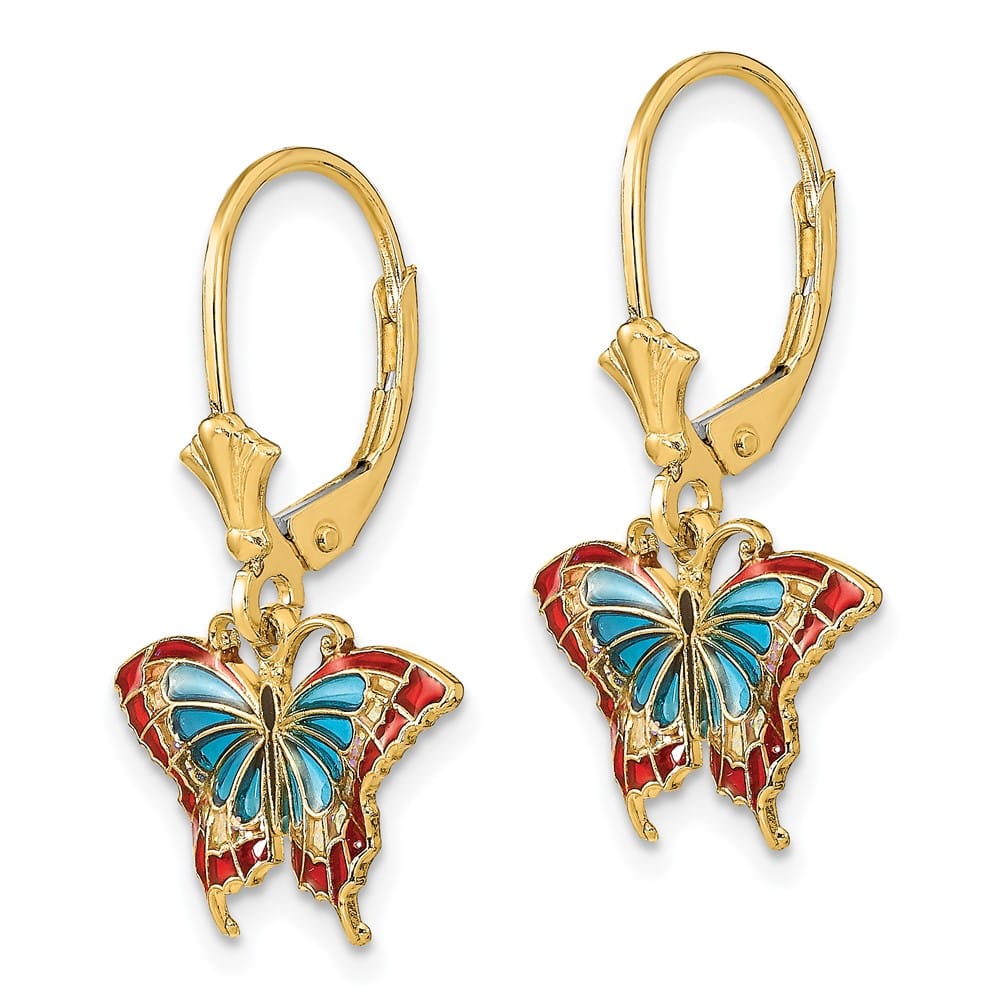 14K Yellow Gold Blue Red Wings Butterfly Dangle Leverback Earrings, view 2 of 4