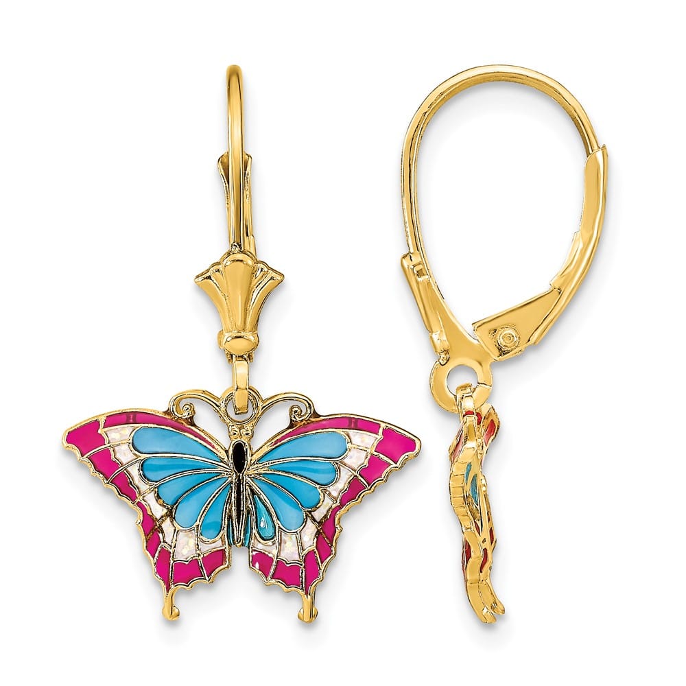 14K Yellow Gold Blue Red Wings Butterfly Dangle Leverback Earrings, view 1 of 4