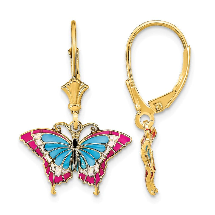 14K Yellow Gold Blue Red Wings Butterfly Dangle Leverback Earrings, view 1 of 4