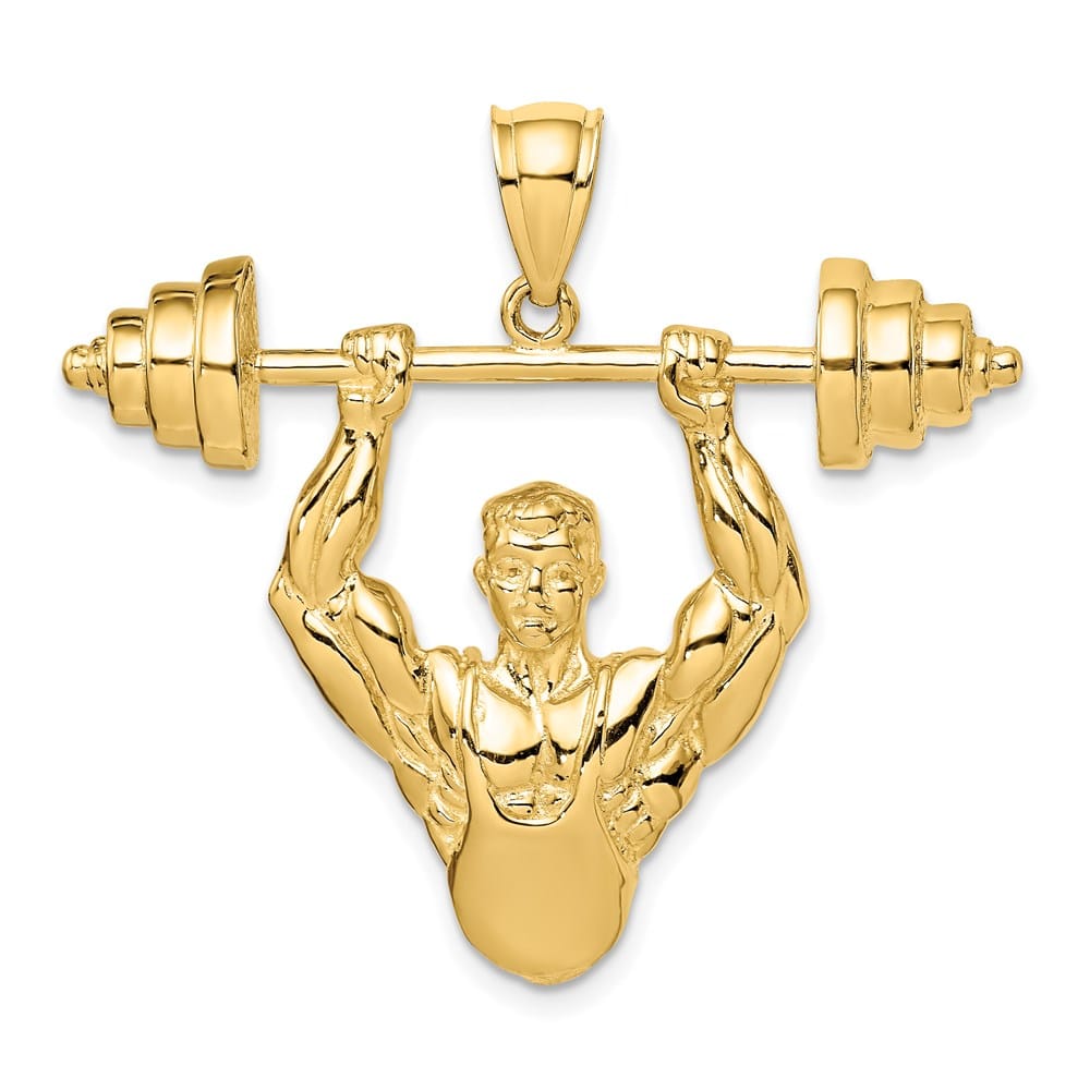 14K Yellow Gold Bodybuilder Waist Up with Barbell Pendant