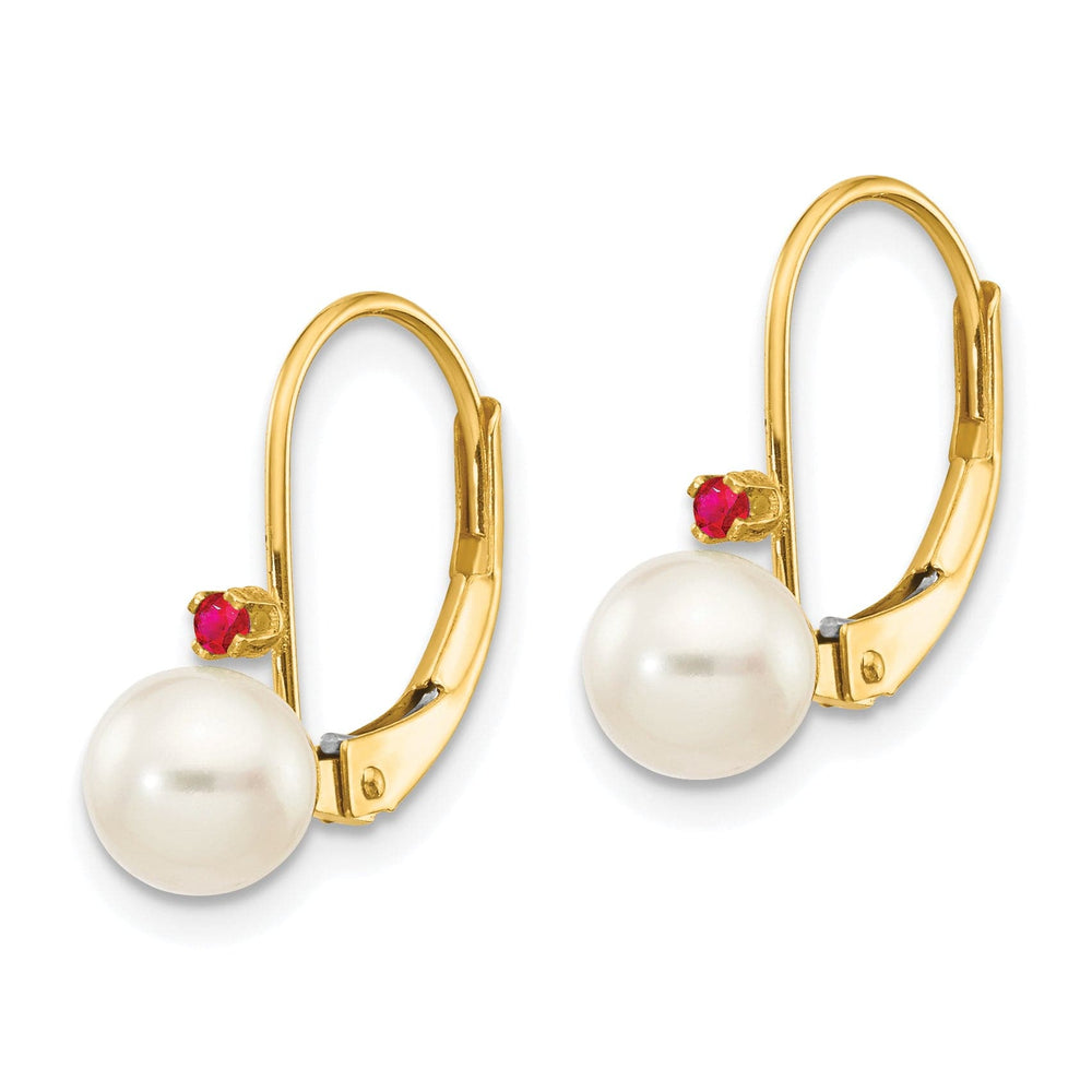14K Yellow Gold Bold 5-5.5mm Freshwater Pearl Ruby Leverbacks