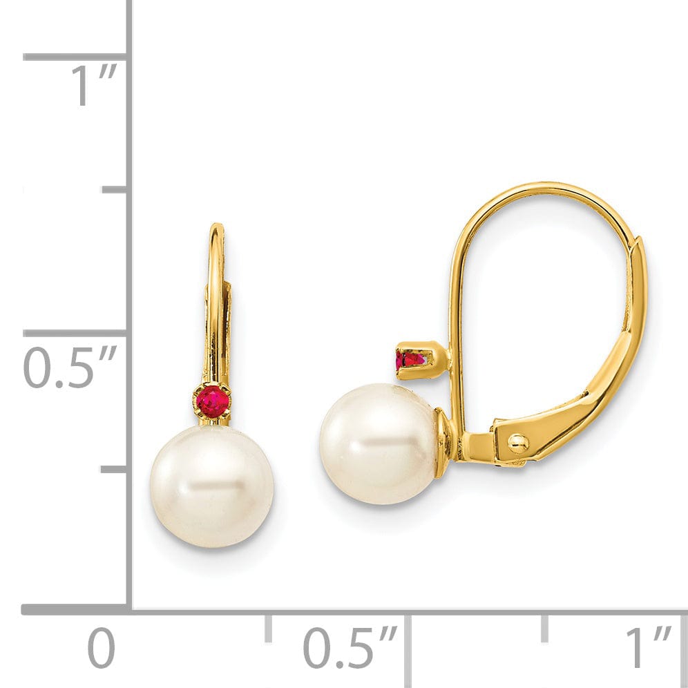14K Yellow Gold Bold 5-5.5mm Freshwater Pearl Ruby Leverbacks