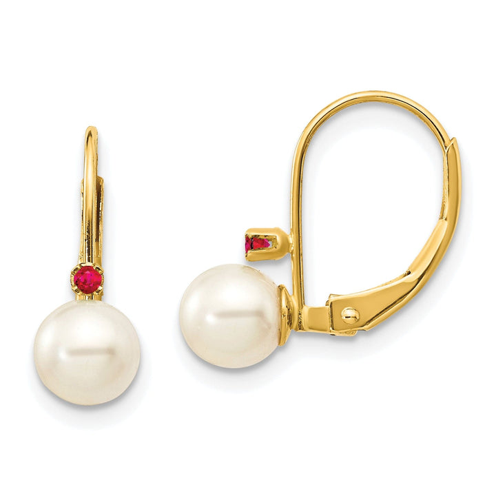 14K Yellow Gold Bold 5-5.5mm Freshwater Pearl Ruby Leverbacks