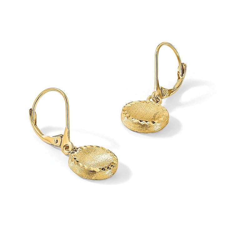 14K Yellow Gold Brushed and D.C. Circle Dangle Leverback Earrings, view 5 of 5