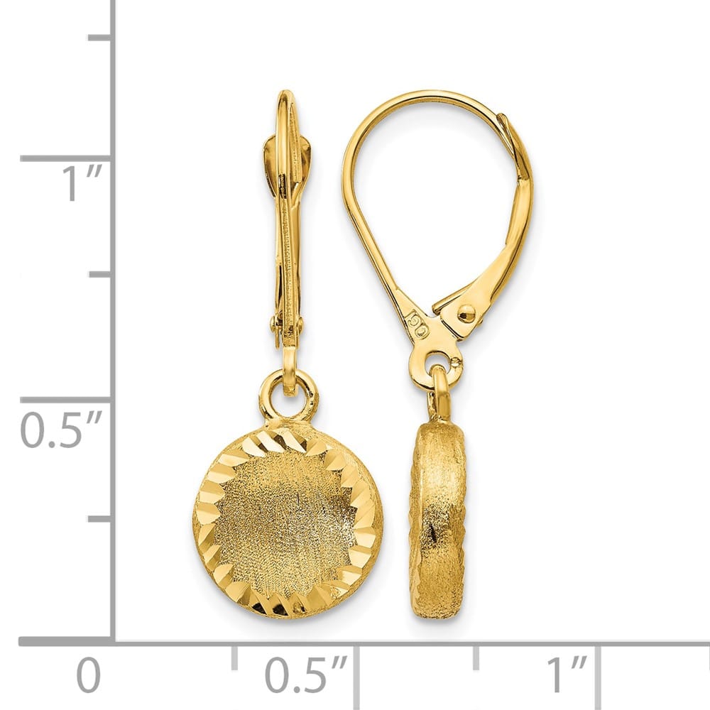 14K Yellow Gold Brushed and D.C. Circle Dangle Leverback Earrings, view 4 of 5