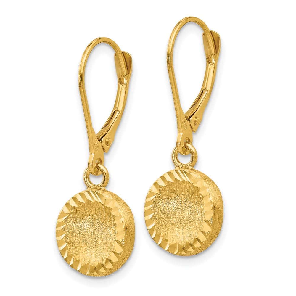 14K Yellow Gold Brushed and D.C. Circle Dangle Leverback Earrings, view 2 of 5