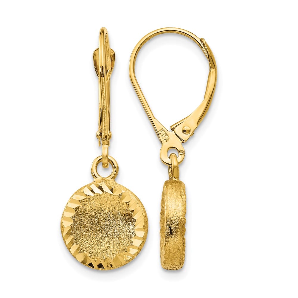 14K Yellow Gold Brushed and D.C. Circle Dangle Leverback Earrings, view 1 of 5