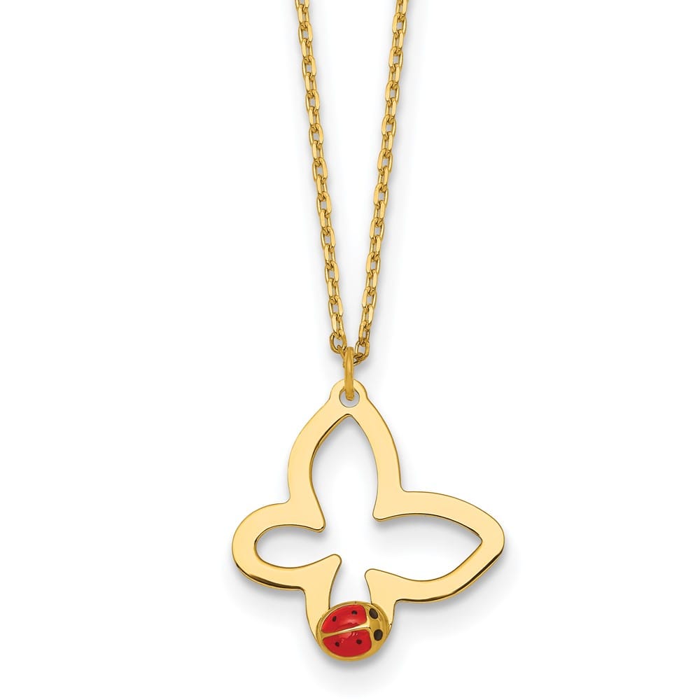 14K Yellow Gold Butterfly with Enamel Ladybug 16.25 inch Necklace