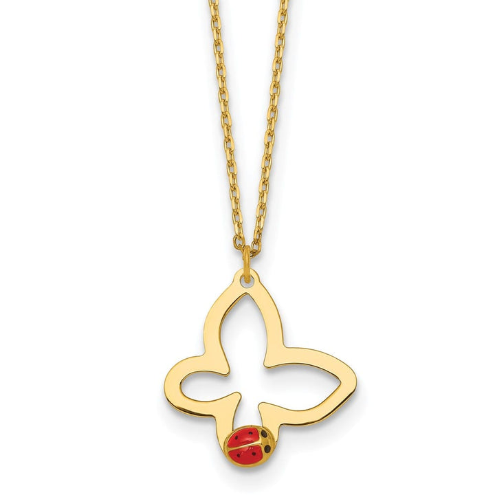 14K Yellow Gold Butterfly with Enamel Ladybug 16.25 inch Necklace