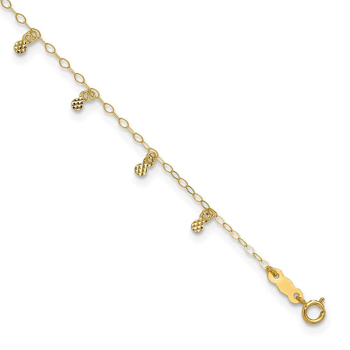 14K Yellow Gold Cable with D.C. Dots Anklet — solid 14K yellow gold, 9 inches long, 1 inch extension, 1 mm wide, spring ring clasp, 0.91 g