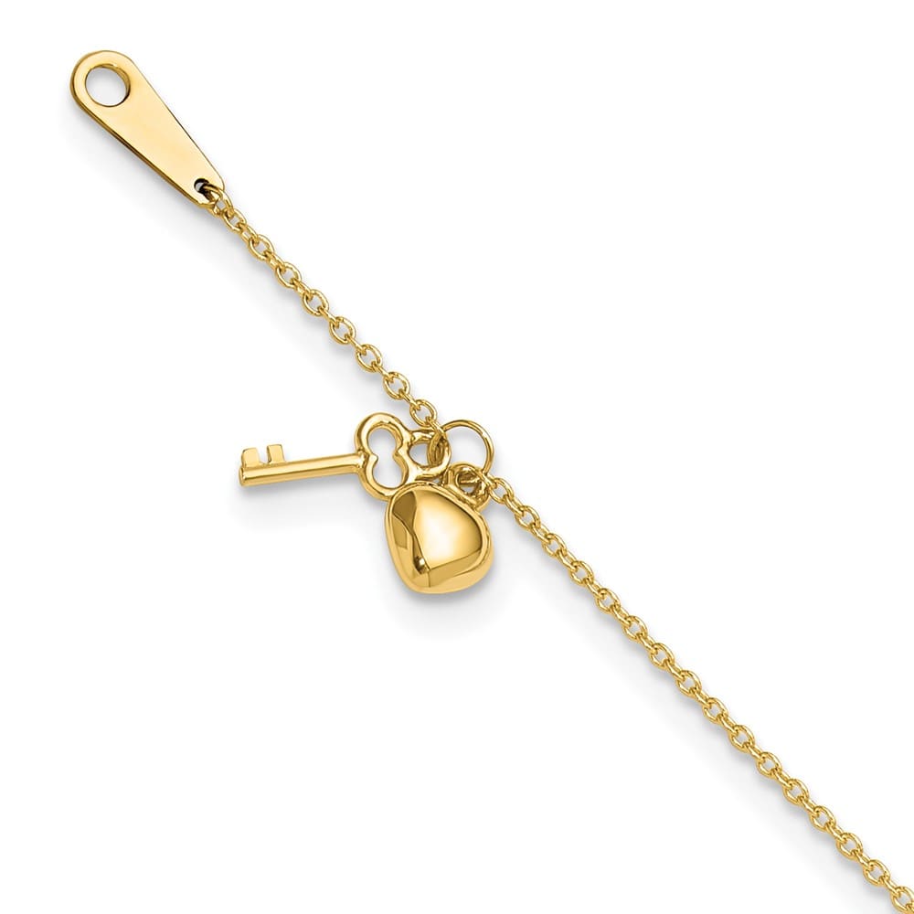 14K Yellow Gold Cable with Puffed Heart and Key Dangle Anklet — solid 14K yellow gold, 9 inches long, 1 inch extension, 0.8 mm wide, spring ring clasp, 1.39 g