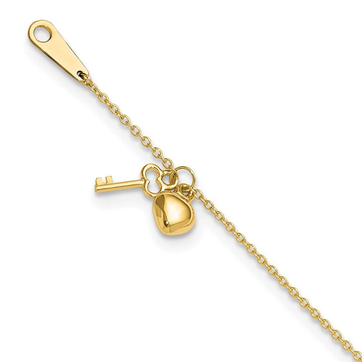 14K Yellow Gold Cable with Puffed Heart and Key Dangle Anklet — solid 14K yellow gold, 9 inches long, 1 inch extension, 0.8 mm wide, spring ring clasp, 1.39 g