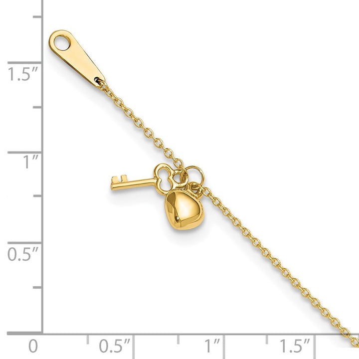 14K Yellow Gold Cable with Puffed Heart and Key Dangle Anklet