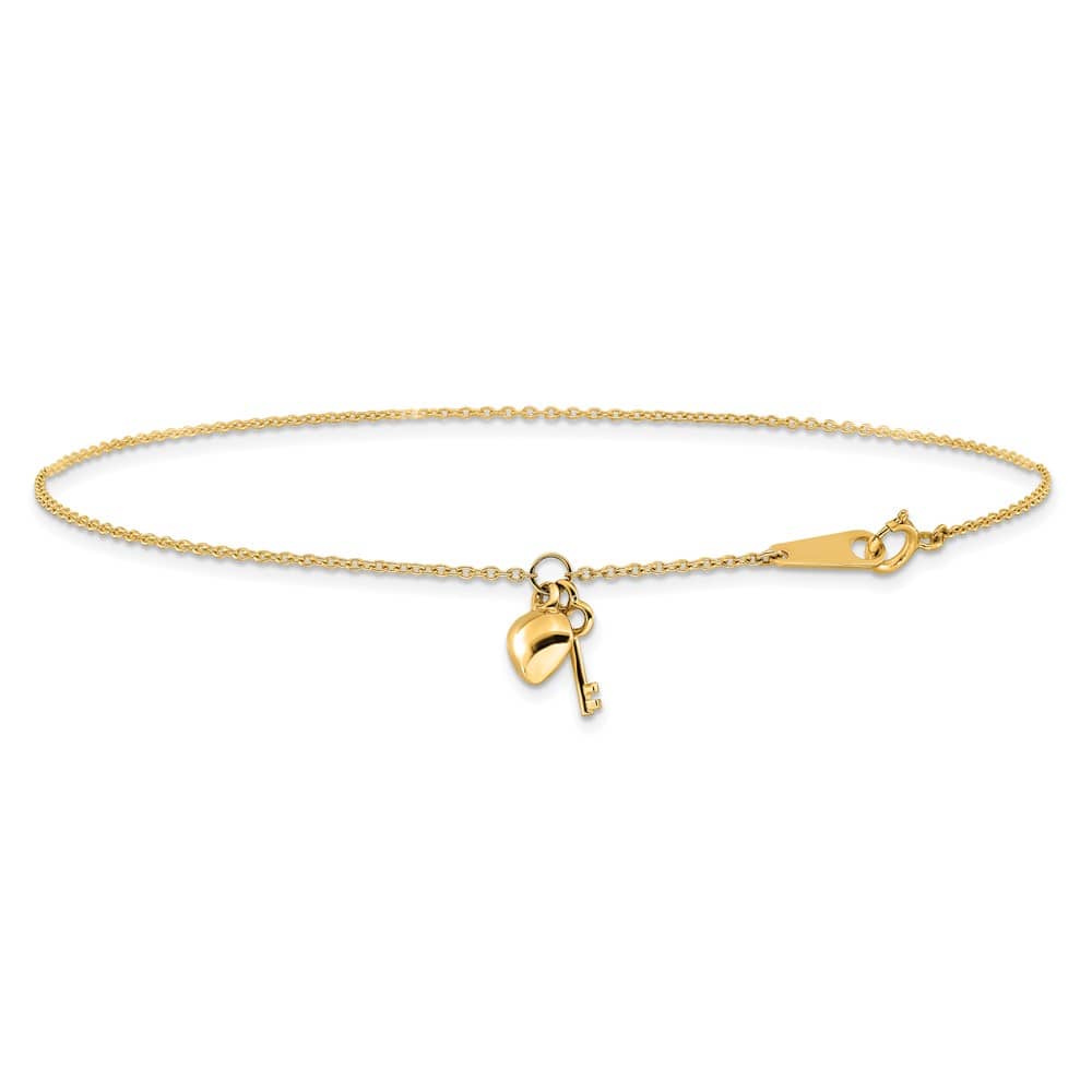 14K Yellow Gold Cable with Puffed Heart and Key Dangle Anklet