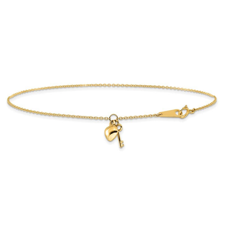 14K Yellow Gold Cable with Puffed Heart and Key Dangle Anklet