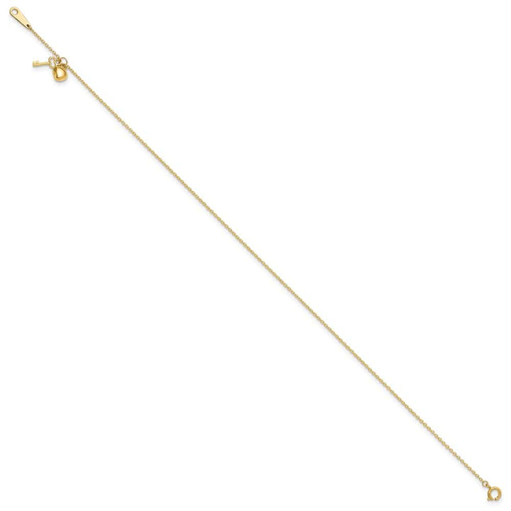 14K Yellow Gold Cable with Puffed Heart and Key Dangle Anklet