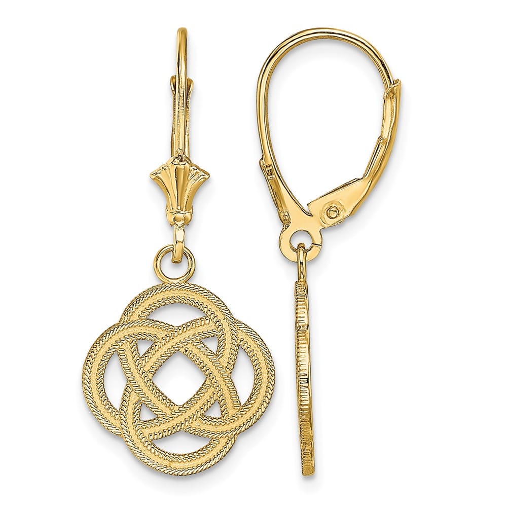 14K Yellow Gold Celtic Eternity Knot Circle Dangle Leverback Earrings, view 1 of 4
