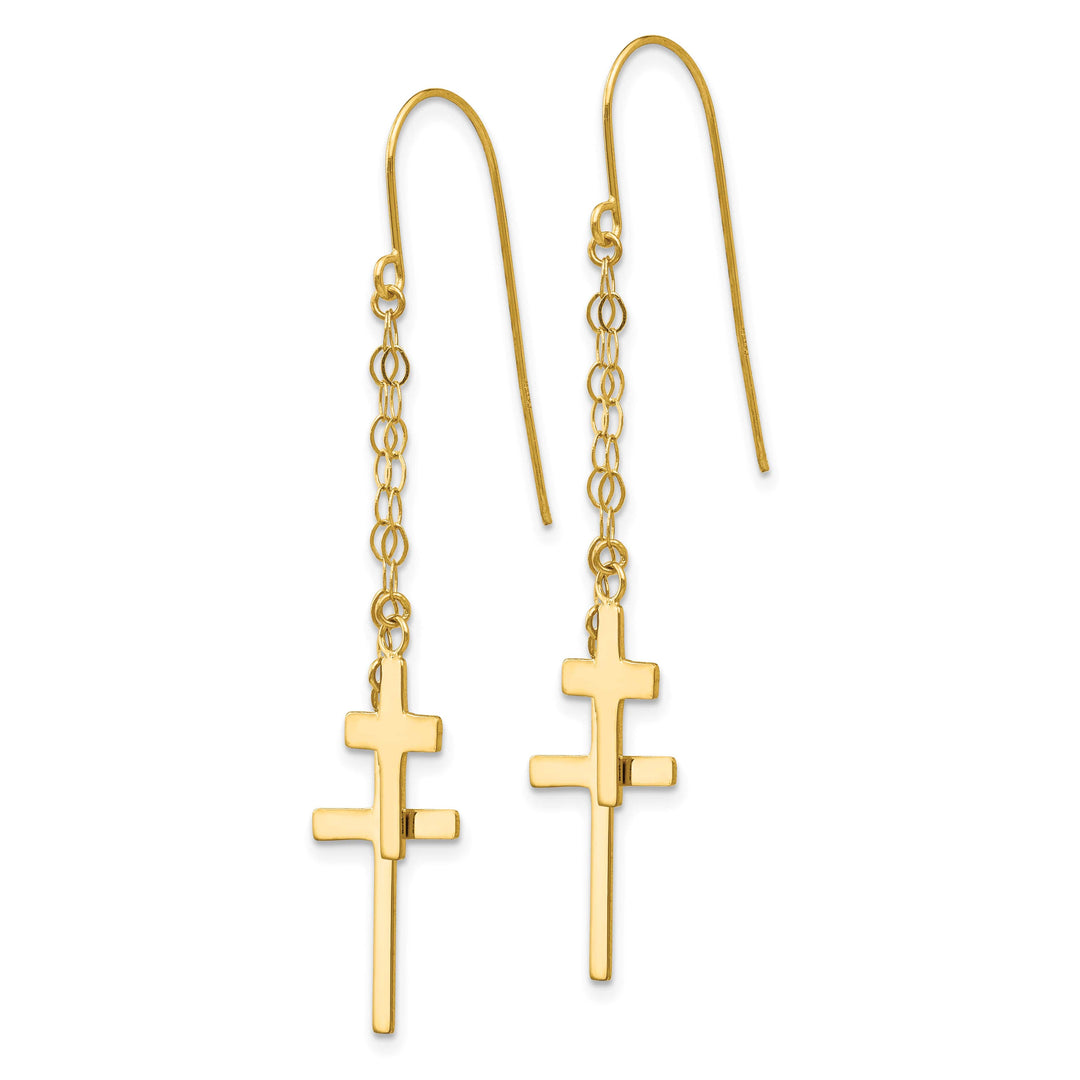 14K Yellow Gold Chain Dangle 2-Cross French Hook Earrings