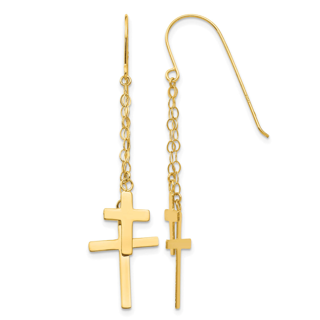14K Yellow Gold Chain Dangle 2-Cross French Hook Earrings