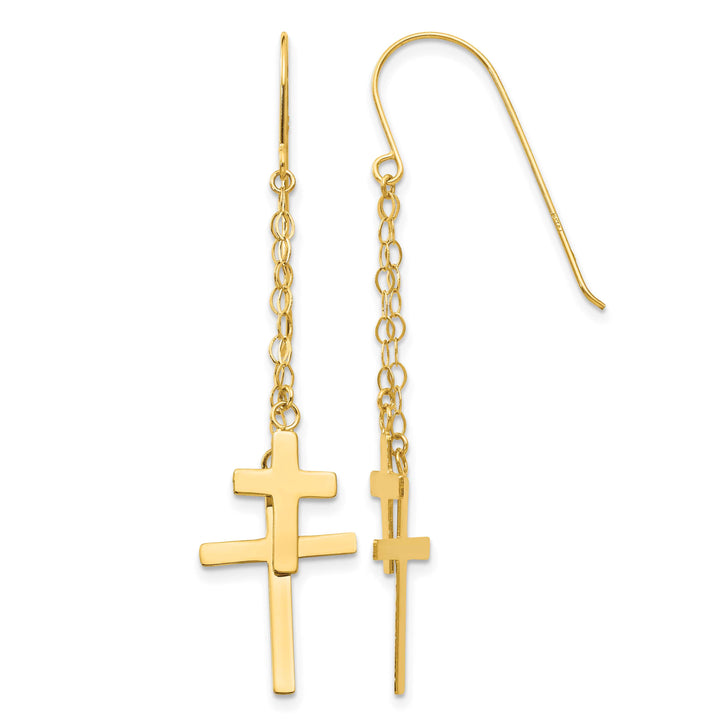14K Yellow Gold Chain Dangle 2-Cross French Hook Earrings