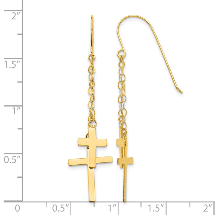 14K Yellow Gold Chain Dangle 2-Cross French Hook Earrings