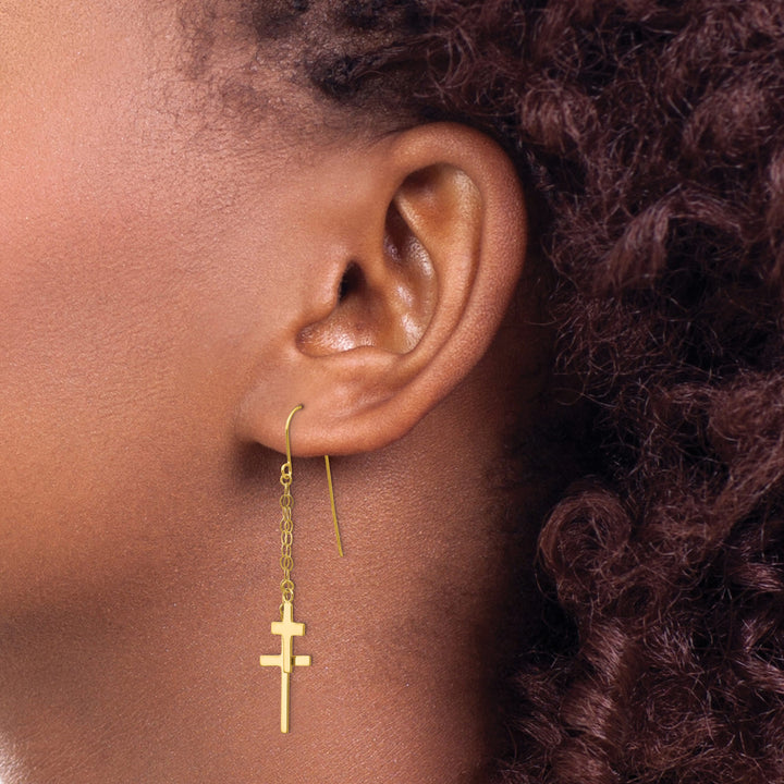 14K Yellow Gold Chain Dangle 2-Cross French Hook Earrings