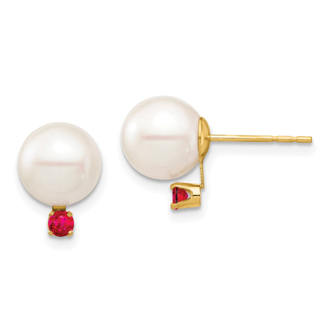 14K Yellow Gold Charming 8-8.5mm Freshwater Pearl Ruby Studs