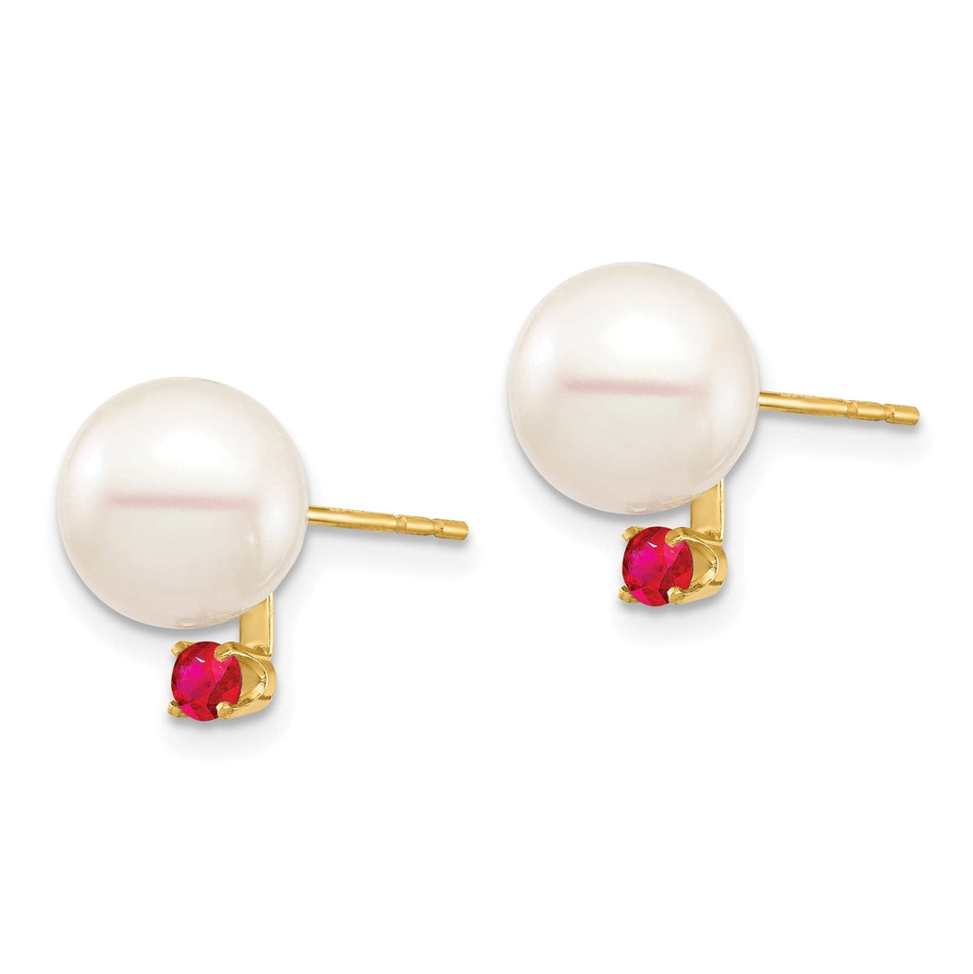 14K Yellow Gold Charming 8-8.5mm Freshwater Pearl Ruby Studs