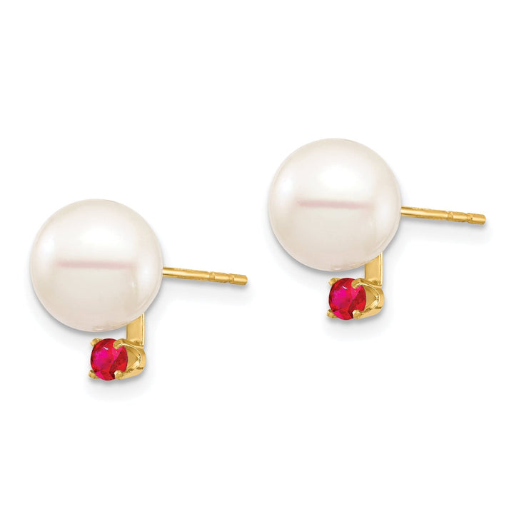 14K Yellow Gold Charming 8-8.5mm Freshwater Pearl Ruby Studs