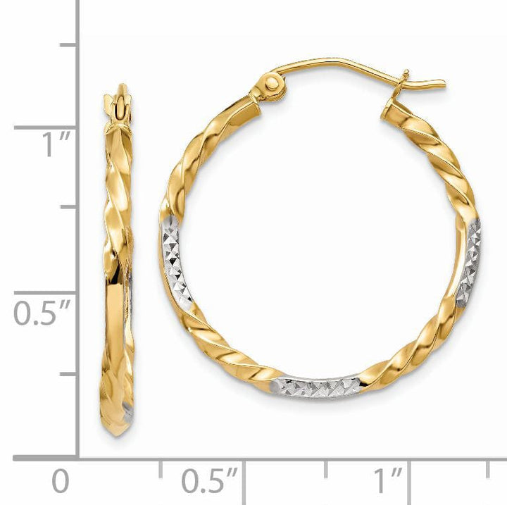 14K Yellow Gold Charming Rhodium Diamond-Cut 24.5mm Twisted Hoops