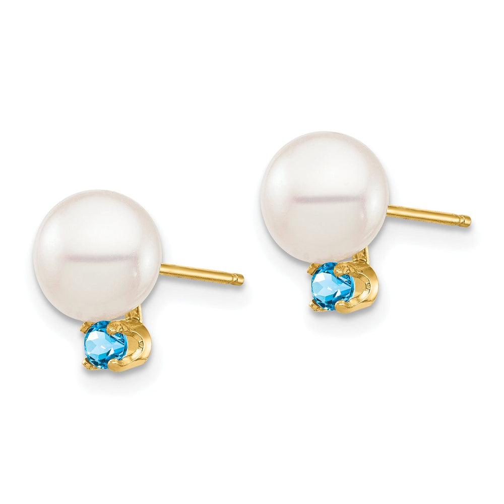 14K Yellow Gold Chic 7-7.5mm Freshwater Pearl Swiss Blue Topaz Studs