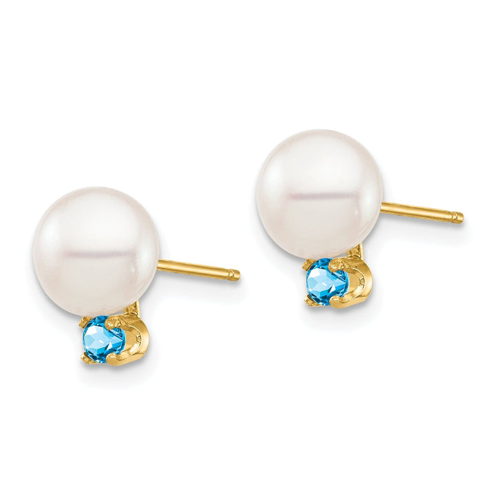 14K Yellow Gold Chic 7-7.5mm Freshwater Pearl Swiss Blue Topaz Studs