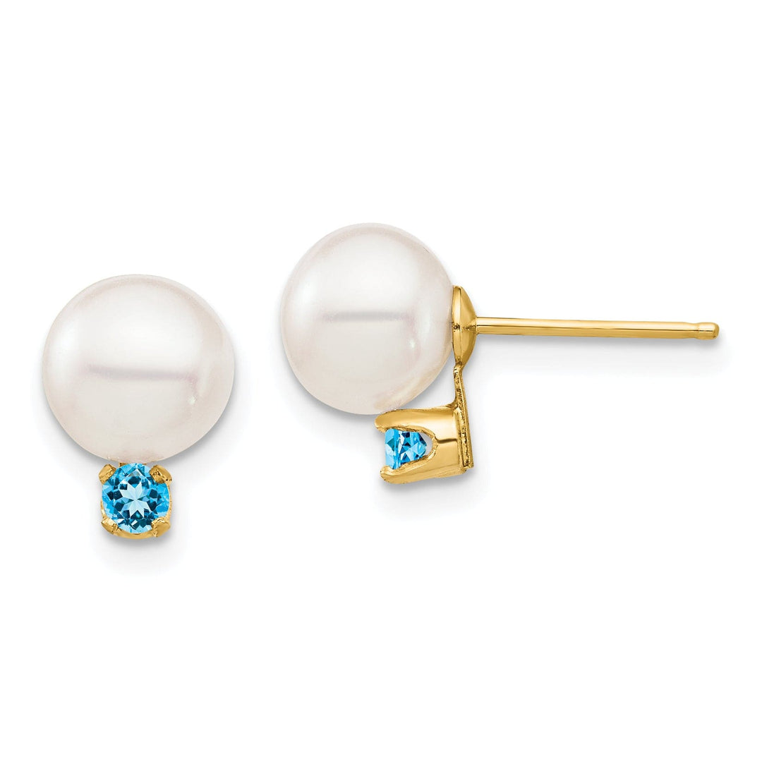 14K Yellow Gold Chic 7-7.5mm Freshwater Pearl Swiss Blue Topaz Studs