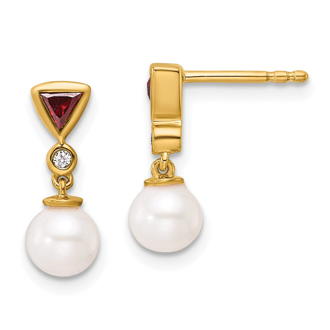 14K Yellow Gold Chic 7mm Freshwater Pearl Diamond Ruby Dangle Studs