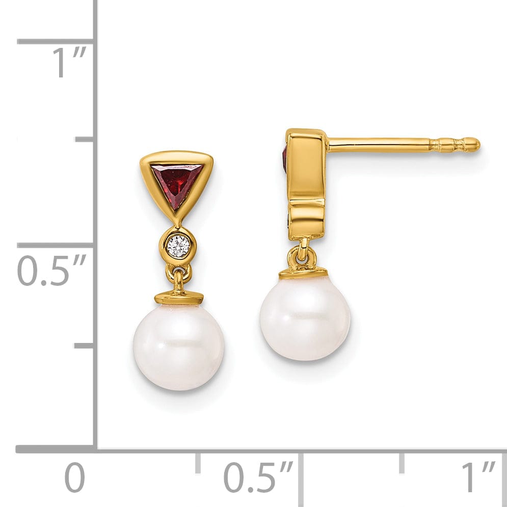 14K Yellow Gold Chic 7mm Freshwater Pearl Diamond Ruby Dangle Studs
