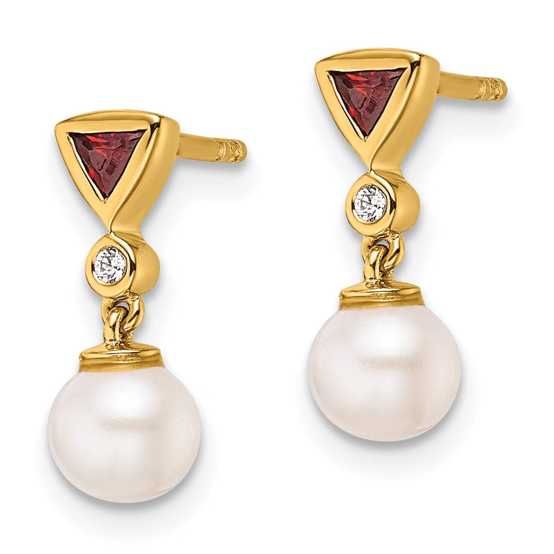 14K Yellow Gold Chic 7mm Freshwater Pearl Diamond Ruby Dangle Studs
