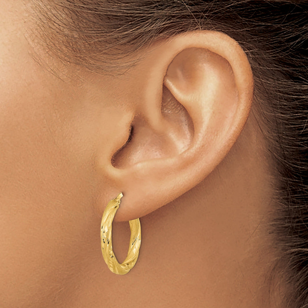 14K Yellow Gold Chic Polished Satin 22.5mm Diamond-Cut Hoops
