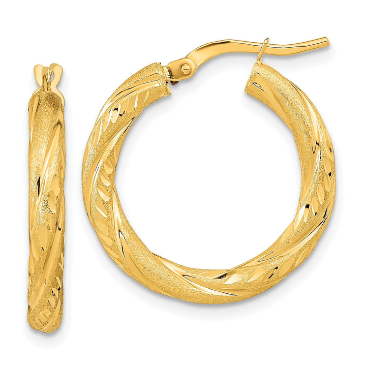14K Yellow Gold Chic Polished Satin 22.5mm Diamond-Cut Hoops