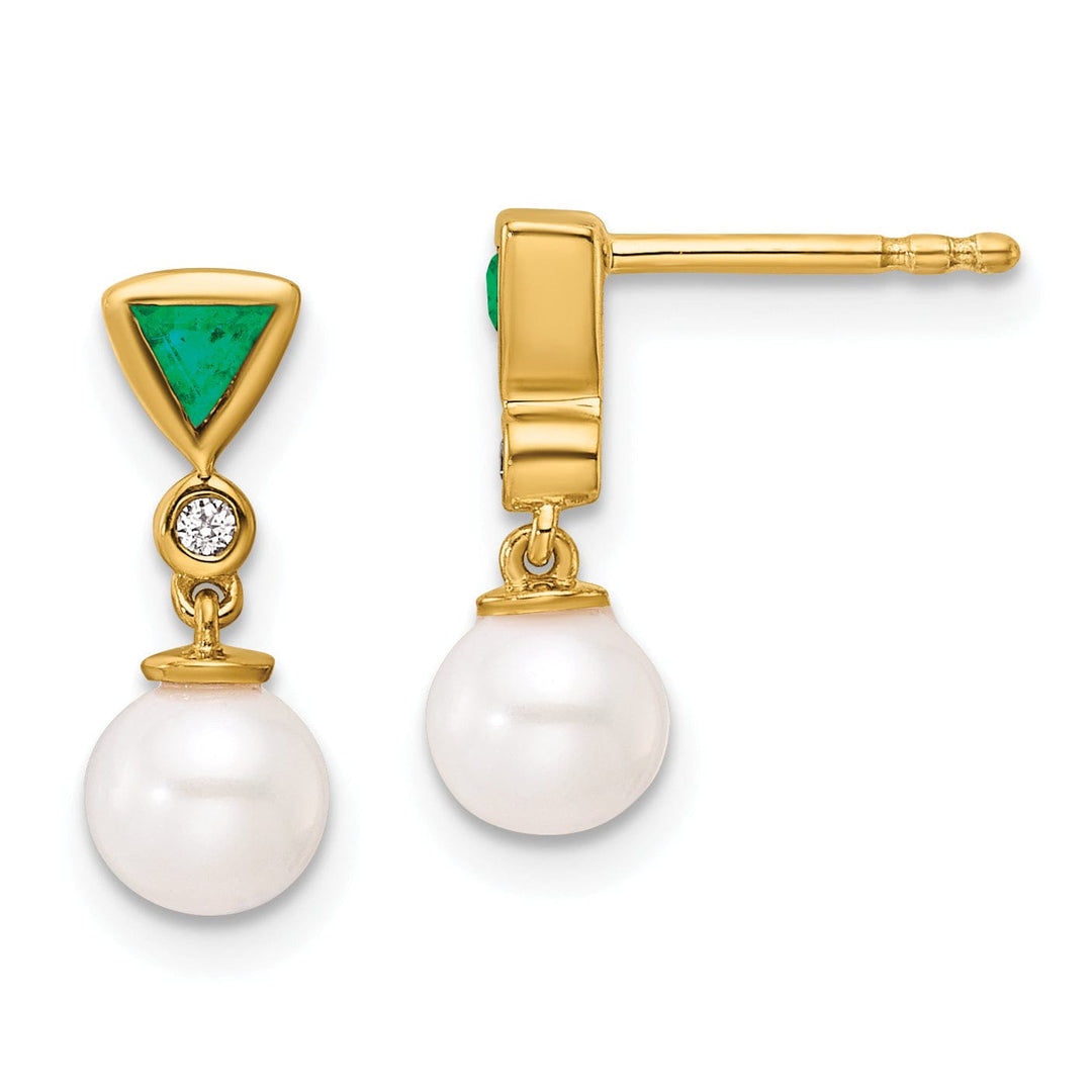 14K Yellow Gold Classic 7mm Pearl Diamond Emerald Dangles