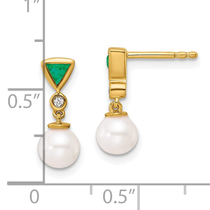 14K Yellow Gold Classic 7mm Pearl Diamond Emerald Dangles