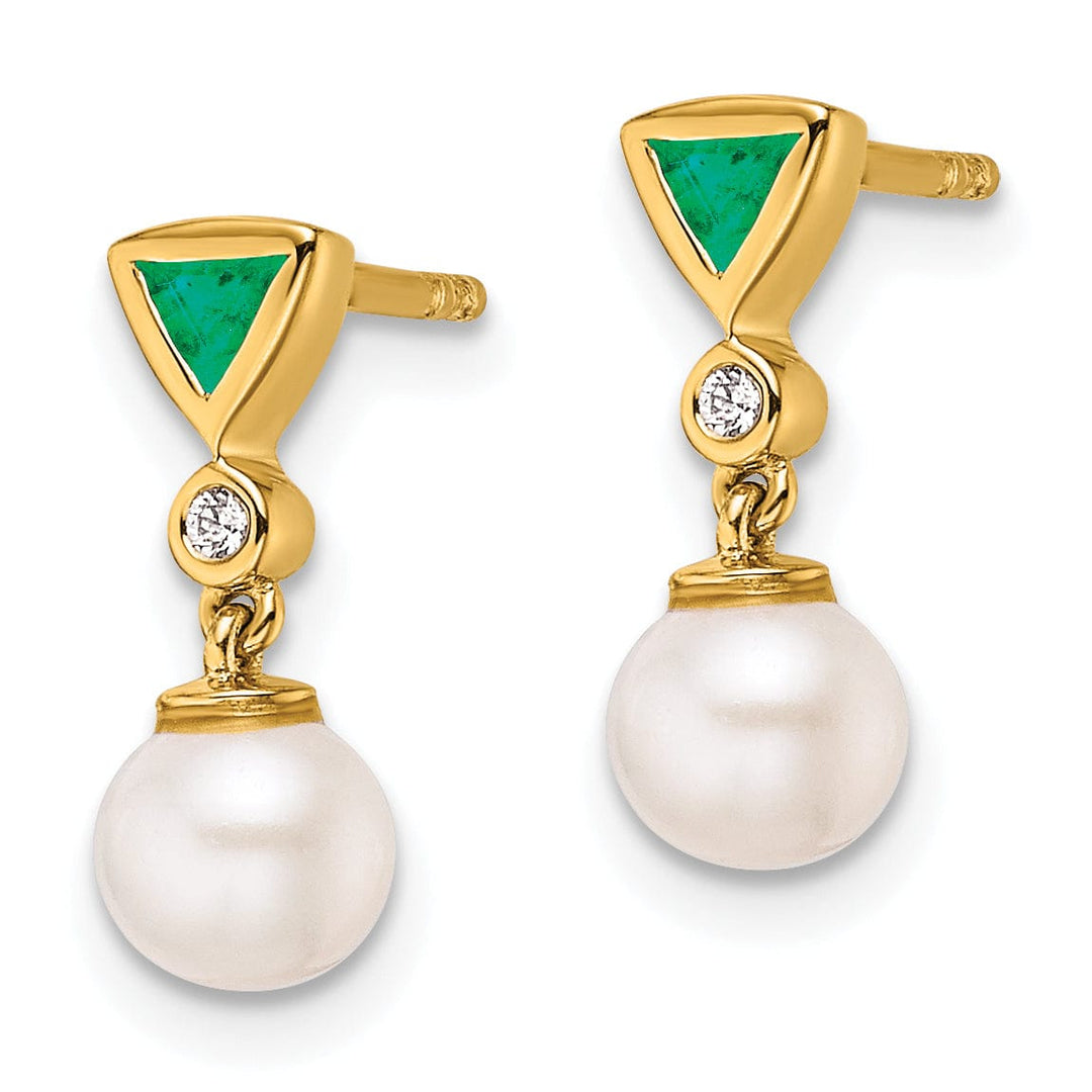 14K Yellow Gold Classic 7mm Pearl Diamond Emerald Dangles