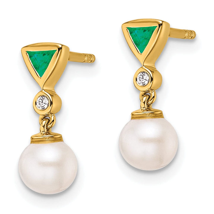 14K Yellow Gold Classic 7mm Pearl Diamond Emerald Dangles