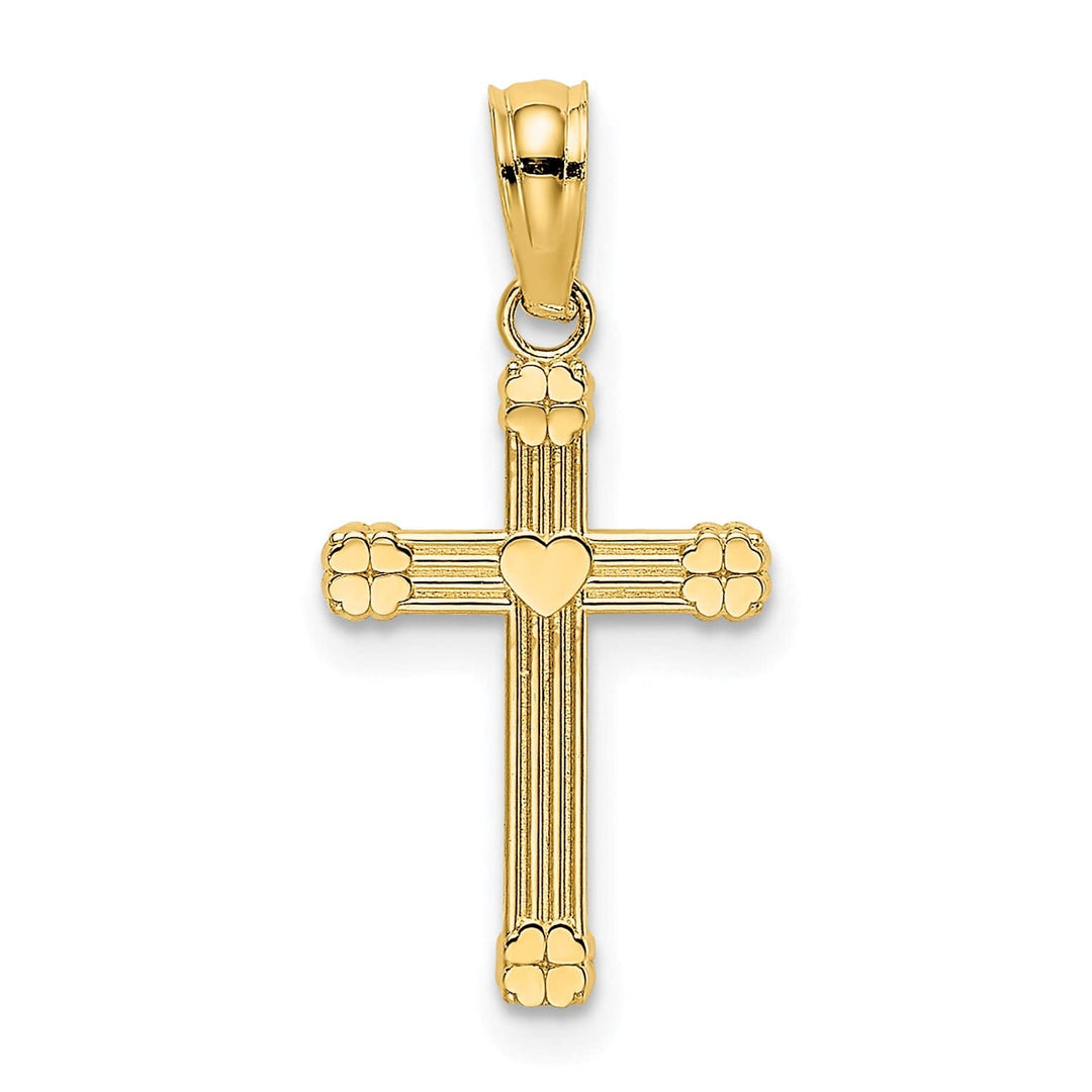 Lovely Rita's 14K Yellow Gold Classic Textured Mini Heart Design Latin Cross Pendant