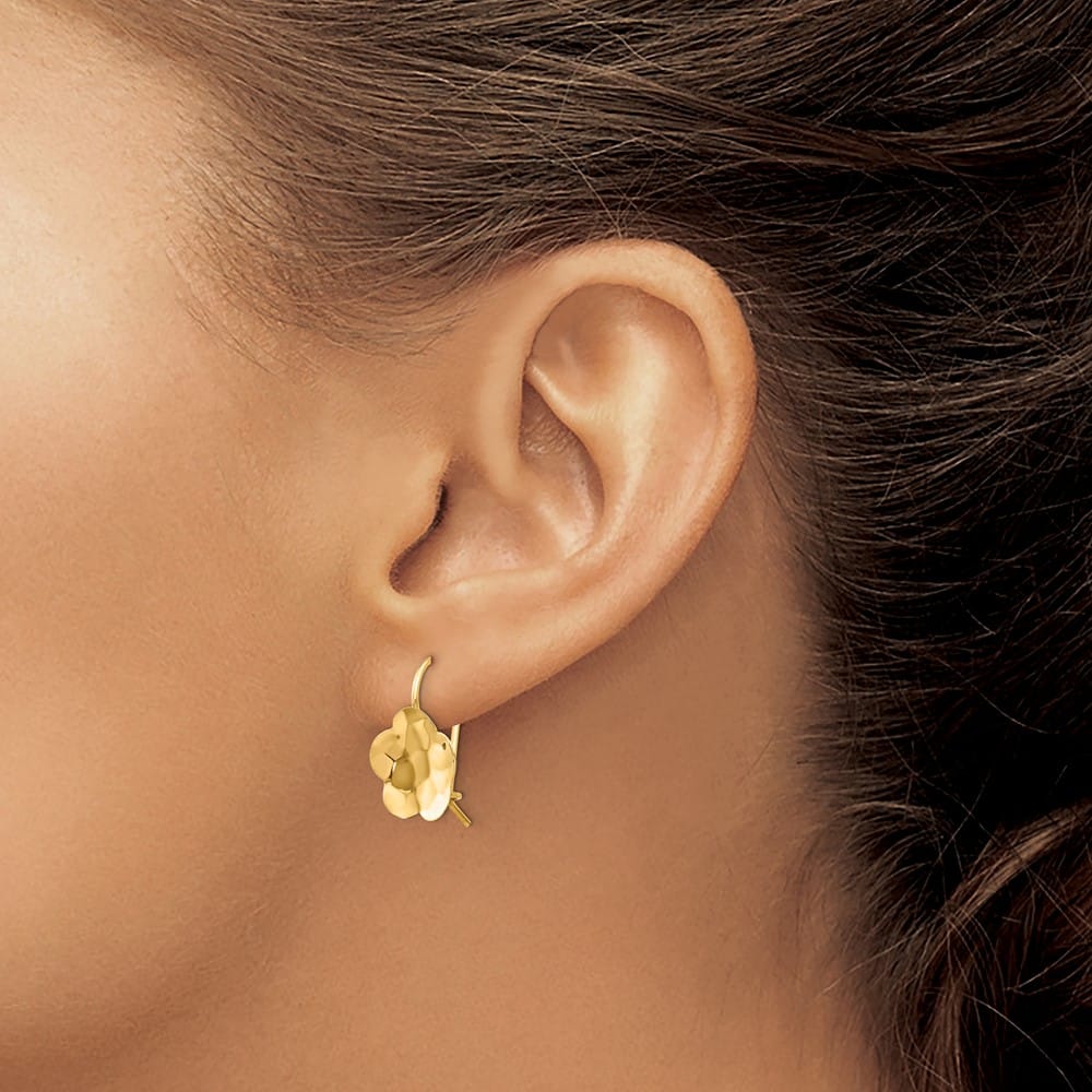 14K Yellow Gold Concave Hammered 13mm Flower Disc Kidney Wire Earrings, view 3 of 4