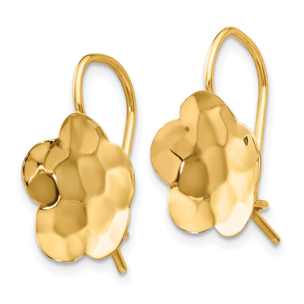 14K Yellow Gold Concave Hammered 13mm Flower Disc Kidney Wire Earrings, view 2 of 4
