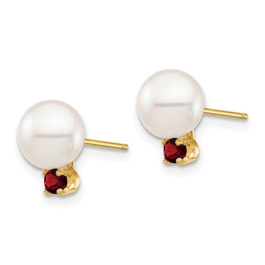 14K Yellow Gold Contemporary 7-7.5mm Freshwater Pearl Garnet Studs